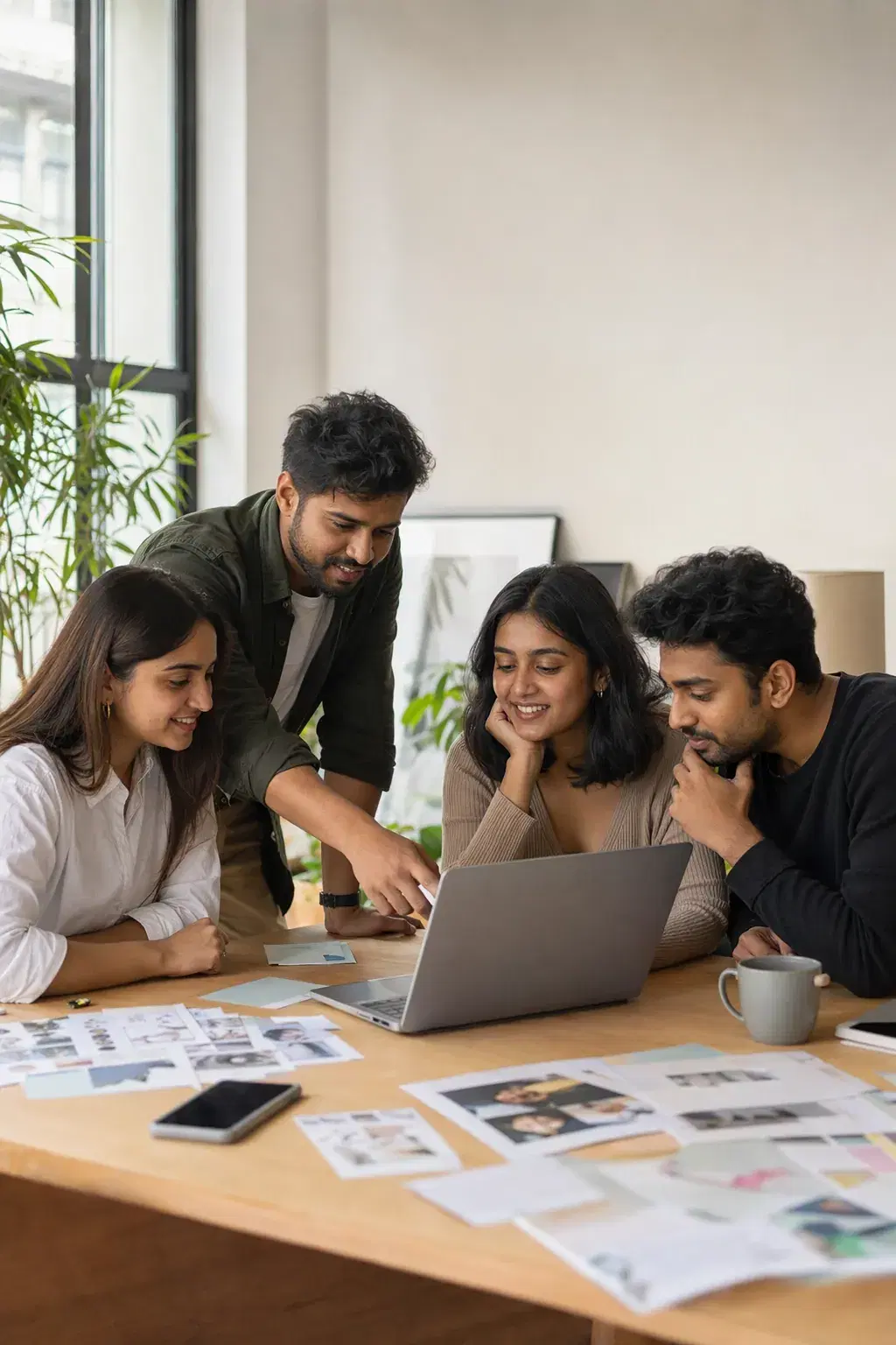 A team planning a campaign together around a laptop.