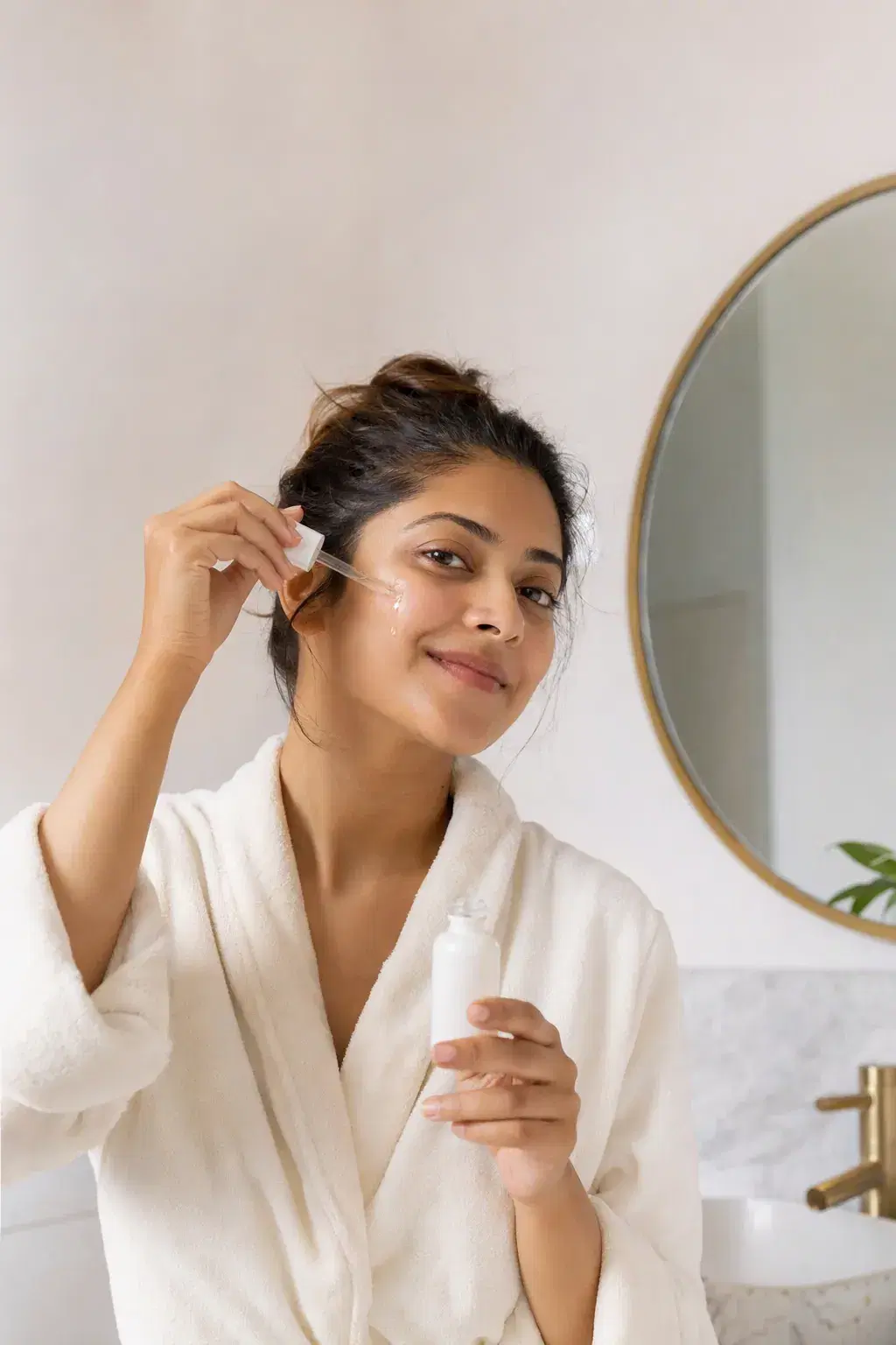 A skincare creator applying a serum on camera.