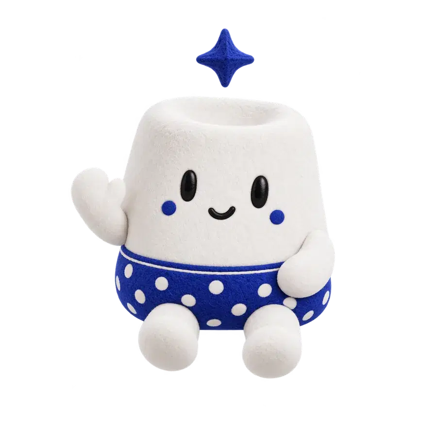 Creo, the porcelain keycap mascot, sitting and waving.